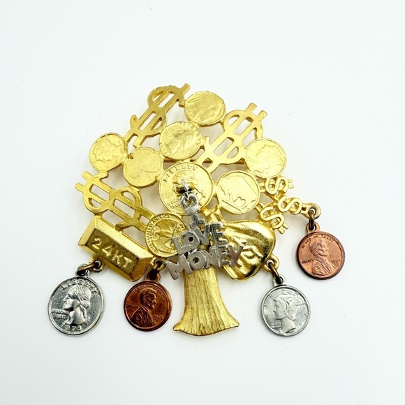 Vintage Money Grows on Trees Brooch Pin Dangling Coin Charms I Love Money Pin - Picture 1 of 5